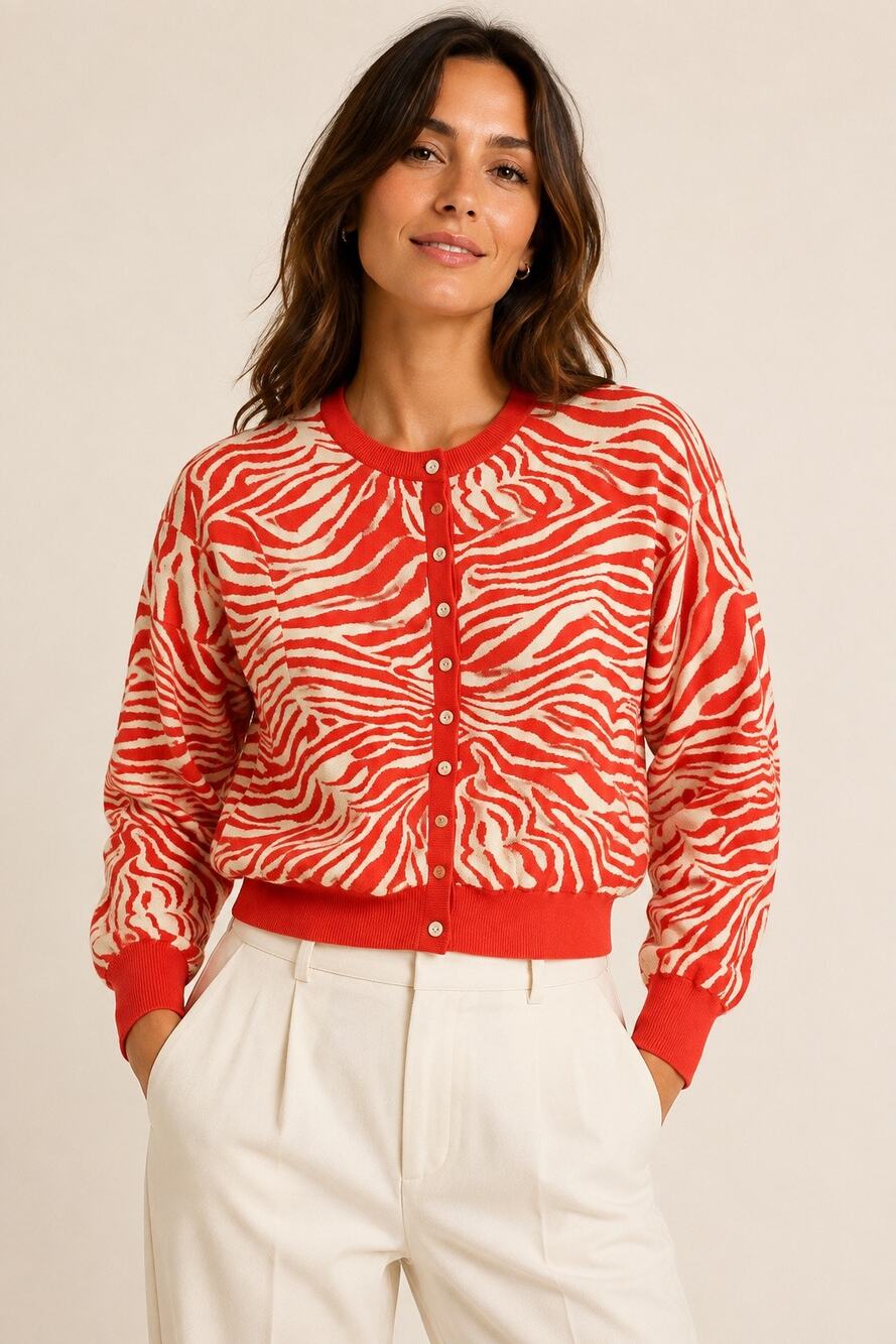 Zara Orange Cream Zebra Animal Print Button-Front Cardigan Sweater Size Small